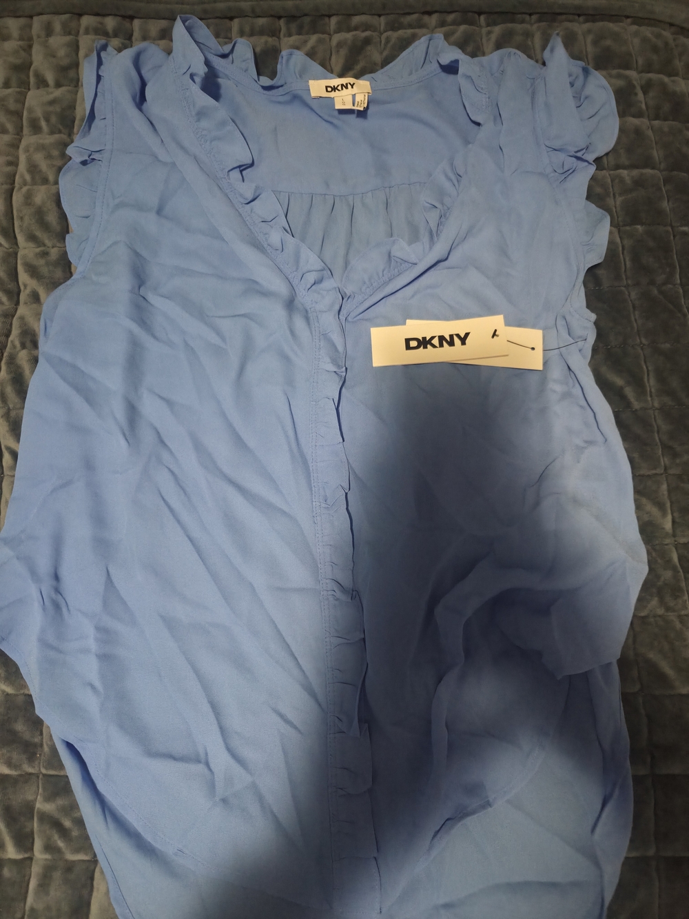DKNY Light Blue Ruffle-Trim V-Neck Blouse